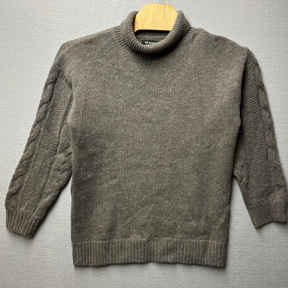 Naadam Wool Cashmere Turtleneck Sweater Taupe Brown Cable Knit Sleeve Mens L
